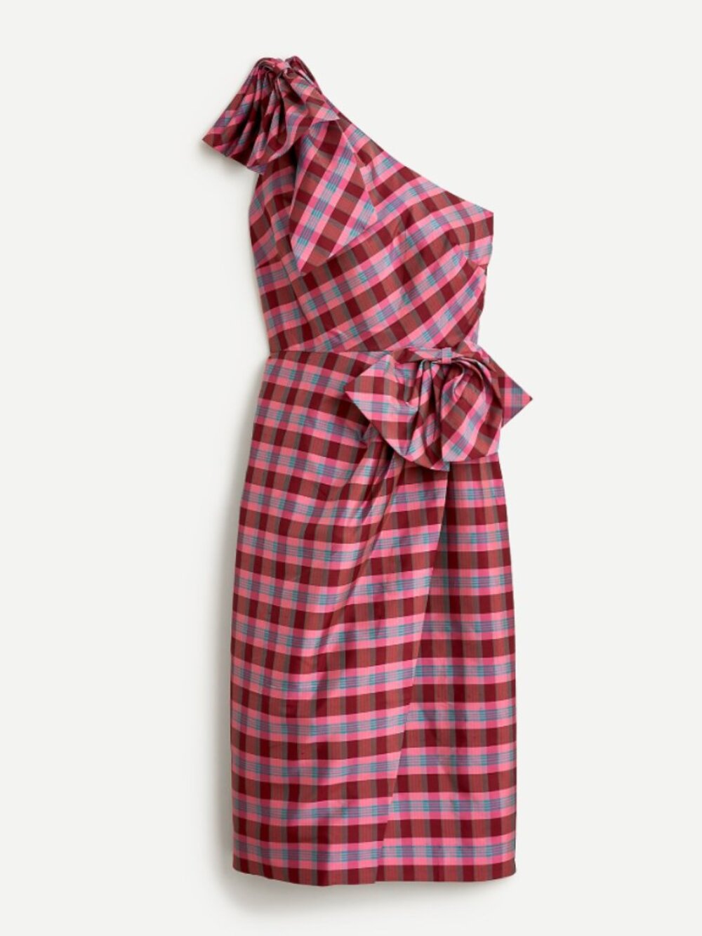 J. Crew Pink & Burgundy Plaid One-Shoulder Bow Midi Dress - 10